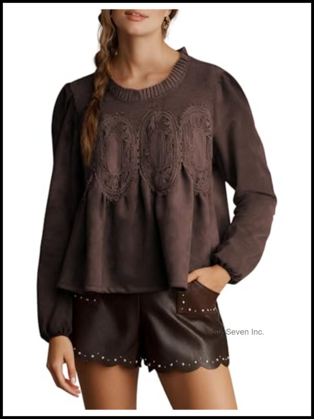 Faux Suede Lace Poplin Mesh Long Puff Sleeve Babydoll Peplum Blouse